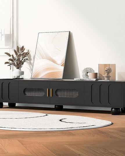 Merax Modern TV Stand for Televisions up to 80 Inches, Entertainment Center with Glass Door, 2 Drawers Wood Storage Cabinet with Solid Legs and Metal Handles for Living Room, 70.90" Length, Black - LeafyLoom