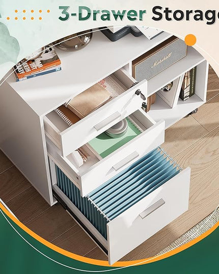DEVAISE 3-Drawer Wood File Cabinet with Lock, Mobile Lateral Filing Cabinet, Printer Stand with Open Storage Shelves for Home Office, White - LeafyLoom