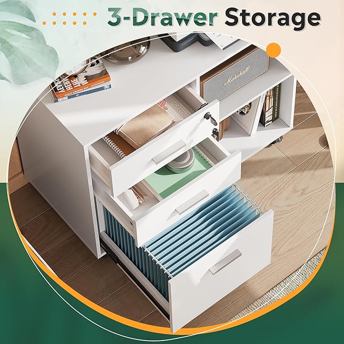 DEVAISE 3-Drawer Wood File Cabinet with Lock, Mobile Lateral Filing Cabinet, Printer Stand with Open Storage Shelves for Home Office, White - LeafyLoom