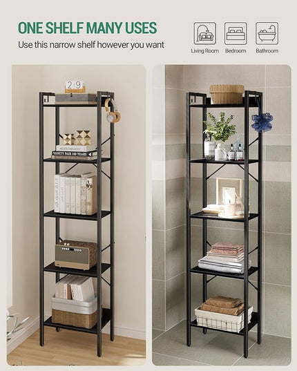 Bookshelf, Book Shelf, Industrial Bookcase with 2 Hooks, Coner Shelf Storage Organizer for Home Office, Living Room, Bedroom, Kitchen, 5-Tier Black BC10504B - LeafyLoom