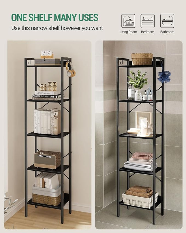 Bookshelf, Book Shelf, Industrial Bookcase with 2 Hooks, Coner Shelf Storage Organizer for Home Office, Living Room, Bedroom, Kitchen, 5-Tier Black BC10504B - LeafyLoom