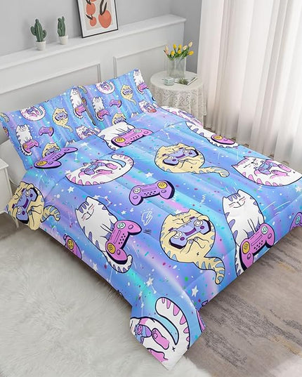 Datura home Cat Comforter Set Blue Kawaii Cat Printed Quilt Bedding Set with 1 Comforter and 2 Pillowcases for Boys and Girls Bedroom All Season(Blue Cat Queen) - LeafyLoom