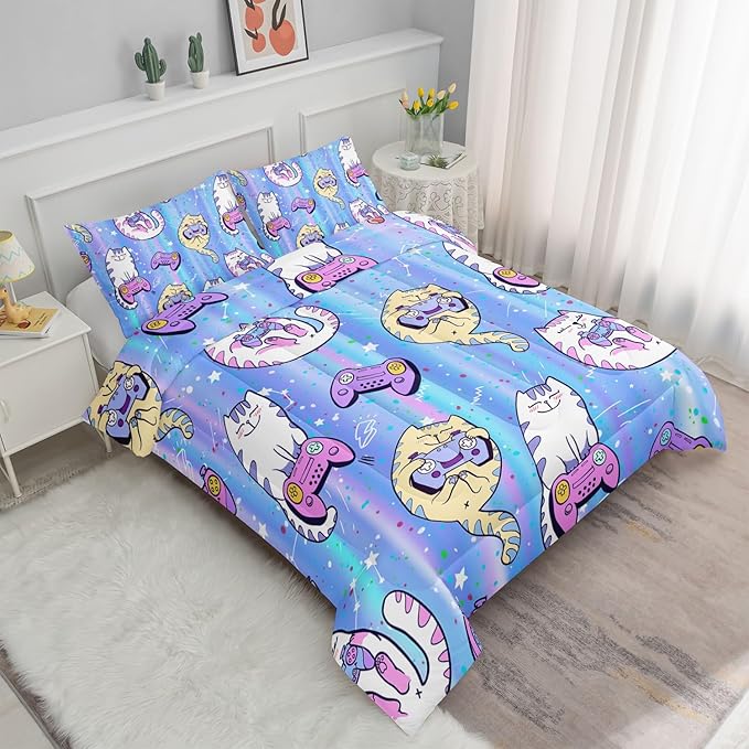 Datura home Cat Comforter Set Blue Kawaii Cat Printed Quilt Bedding Set with 1 Comforter and 2 Pillowcases for Boys and Girls Bedroom All Season(Blue Cat Queen) - LeafyLoom