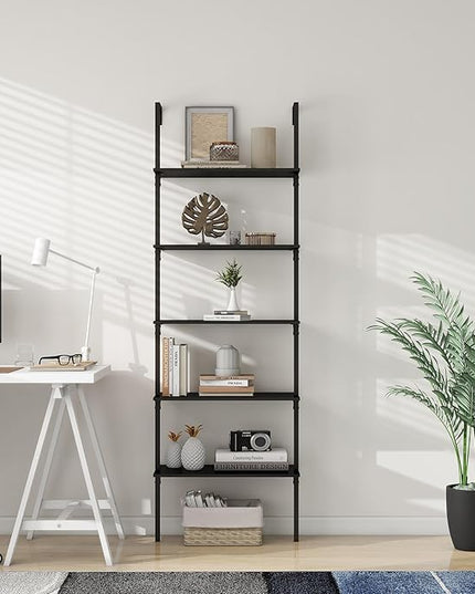 Panana Industrial 5 Tier Ladder Shelf, Open Space Book Shelf Wall Mount Bookshelf with Metal Frame Sturdy Bookcase for Living Room (Black, 5 Tier) - LeafyLoom