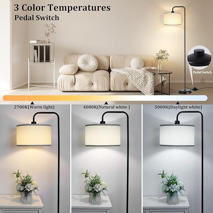 [Upgraded] LED Floor Lamp for Living Room, 3 Color Temperature Floor Lamp with Foot Switch Modern Standing Lamp Tall Pole Floor Reading Lamp for Bedroom, Study Room, Office, 9W Bulb Included, Black - LeafyLoom