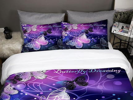 Sunnycitron 3D Purple Butterfly Bedding Queen Comforter Set Dreamy Butterfly Comforter Set for Girls Neon Butterflies Purple Bed Comforter (1 Comforter + 2 Pillowcases),Easy-Wash Fade Resistant - LeafyLoom