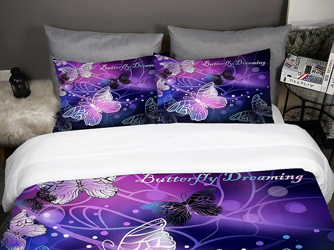Sunnycitron 3D Purple Butterfly Bedding Twin Comforter Set Dreamy Butterfly Comforter Set for Girls and Women, Soft, Breathable, Fade Resistant 3 Piece- includes 1 Comforter and 2 Pillowcase - LeafyLoom