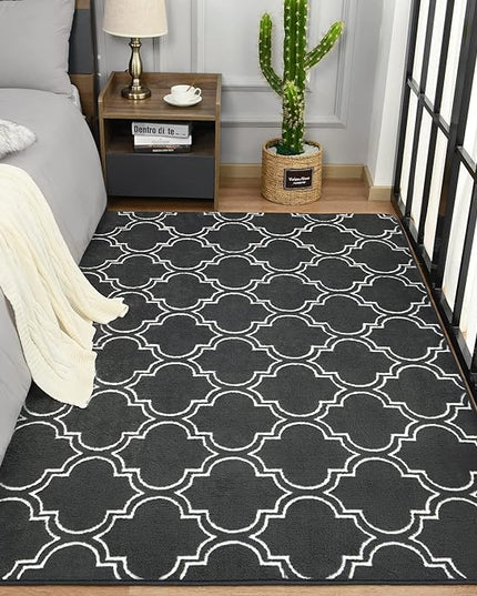 Chicrug Shag Geometric Modern Area Rug for Bedroom, 4x6 Feet Memory Foam Indoor Carpet, Fluffy Rug for Living room Bedside Room Decor for Family Girls Kids Nursery Play Mat, Dark Grey/White - LeafyLoom