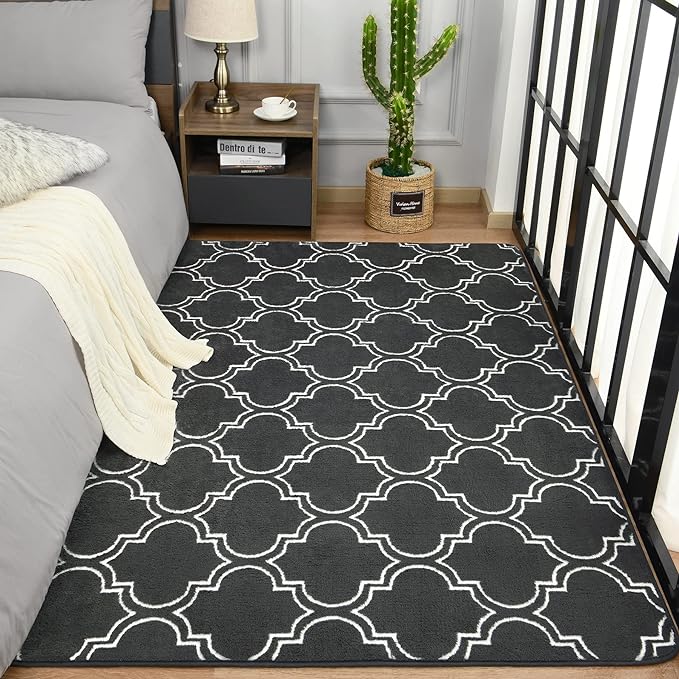 Chicrug Shag Geometric Modern Area Rug for Bedroom, 4x6 Feet Memory Foam Indoor Carpet, Fluffy Rug for Living room Bedside Room Decor for Family Girls Kids Nursery Play Mat, Dark Grey/White - LeafyLoom