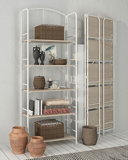 No Assembly Folding Bookshelf, Metal Book Shelf for Storage, Folding Bookcase for Office Organization and Storage (White, 5 Tiers) - LeafyLoom