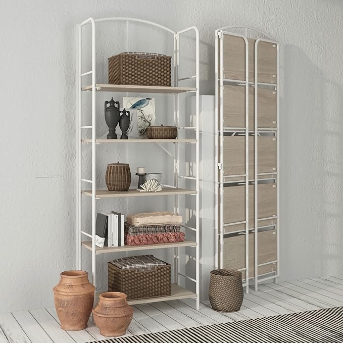 No Assembly Folding Bookshelf, Metal Book Shelf for Storage, Folding Bookcase for Office Organization and Storage (White, 5 Tiers) - LeafyLoom
