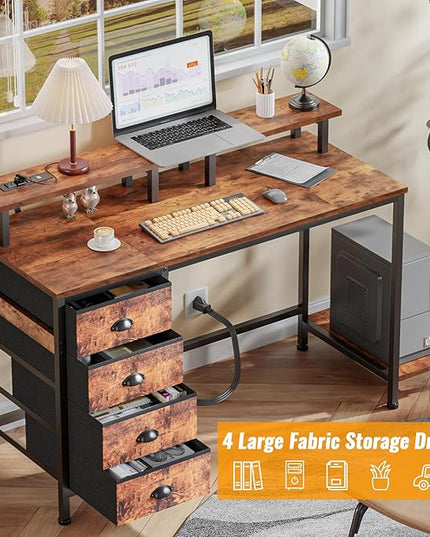 Furologee Desk with Power Outlets and LED Lights, 47in Gaming Computer Desk with 4 Fabric Drawers, Home Office Desk with Full Monitor Stand and Shelf, Study Writing Desk Bedroom, Rustic Brown - LeafyLoom