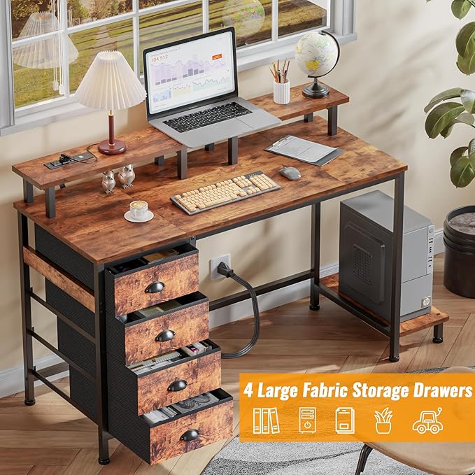Furologee Desk with Power Outlets and LED Lights, 47in Gaming Computer Desk with 4 Fabric Drawers, Home Office Desk with Full Monitor Stand and Shelf, Study Writing Desk Bedroom, Rustic Brown - LeafyLoom