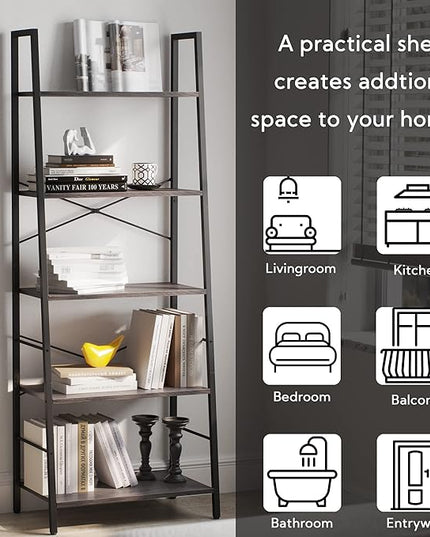 Yusong Bookshelf, Ladder Shelf 5-Tier Bookcase for Bedroom, Industrial Book Shelves Storage Rack with Metal Frame for Home Office, Gray - LeafyLoom