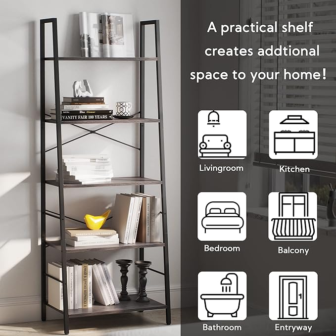 Yusong Bookshelf, Ladder Shelf 5-Tier Bookcase for Bedroom, Industrial Book Shelves Storage Rack with Metal Frame for Home Office, Gray - LeafyLoom