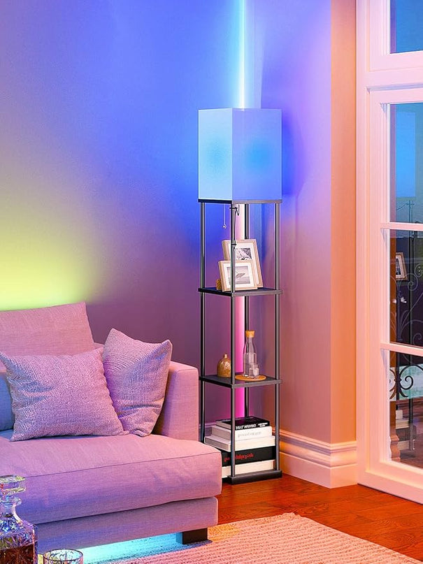 addlon Floor Lamp with Shelves with LED Smart RGB Bulb, 4-Tier Modern Shelf Display for Living Room, Bedroom and Office - Black - LeafyLoom