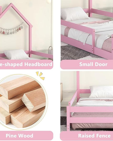 Bellemave Twin Size House-Shaped Headboard Floor Bed with Fences, Wooden Montessori Bed for Kids,House Bed Twin Frame for Girls,Boys (Pink) - LeafyLoom