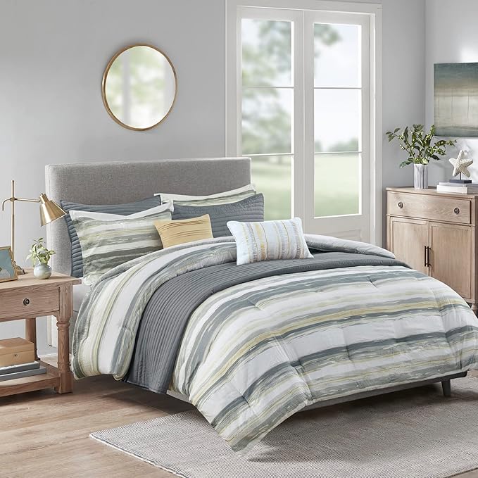 Madison Park Marina Comforter Quilt Combo Set - Modern Luxury Design, All Season Down Alternative Bedding, Matching Shams, Decorative Pillows, King/Cal King(104"x92"), Yellow 8 Piece - LeafyLoom