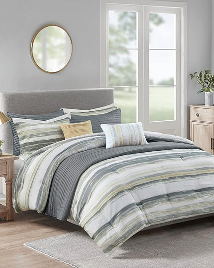 Madison Park Marina Comforter Quilt Combo Set - Modern Luxury Design, All Season Down Alternative Bedding, Matching Shams, Decorative Pillows, Full/Queen(90"x90"), Yellow 8 Piece - LeafyLoom