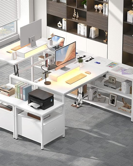 Aheaplus L Shaped Desk with Power Outlet, Standing Home Office Desk with Lift Top and File Drawer, 63'' Corner Computer Desk with Monitor Stand&Printer Shelves, Gaming Desk with Led Lights, White - LeafyLoom