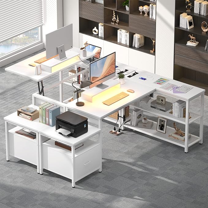 Aheaplus L Shaped Desk with Power Outlet, Standing Home Office Desk with Lift Top and File Drawer, 63'' Corner Computer Desk with Monitor Stand&Printer Shelves, Gaming Desk with Led Lights, White - LeafyLoom