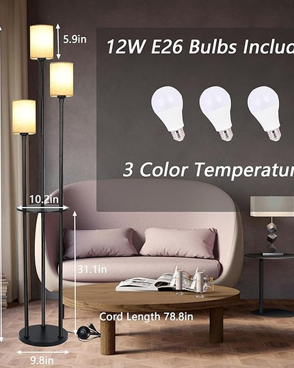 Floor Lamp - 3 Lights Modern Floor Lamp for Living Room, Dimmable Tall Pole Lamp with Shelves, Farmhouse Standing lamp for Bedrooms Office Home Decor, 3 LED Bulbs Included, 3 Color Temperatures - LeafyLoom