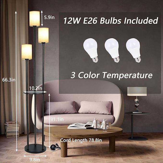 Floor Lamp - 3 Lights Modern Floor Lamp for Living Room, Dimmable Tall Pole Lamp with Shelves, Farmhouse Standing lamp for Bedrooms Office Home Decor, 3 LED Bulbs Included, 3 Color Temperatures - LeafyLoom