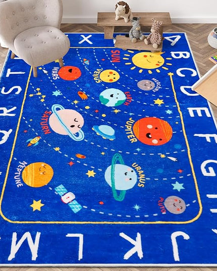 Outer Space Kids Rug,78.7"X59" ABC Alphabet Educational Kids Rugs for Playroom,Non Slip Solar System Galaxy Planets Playroom Rug,Washable Kids Area Rug Carpet for Classroom Bedroom Kids Room Decor - LeafyLoom
