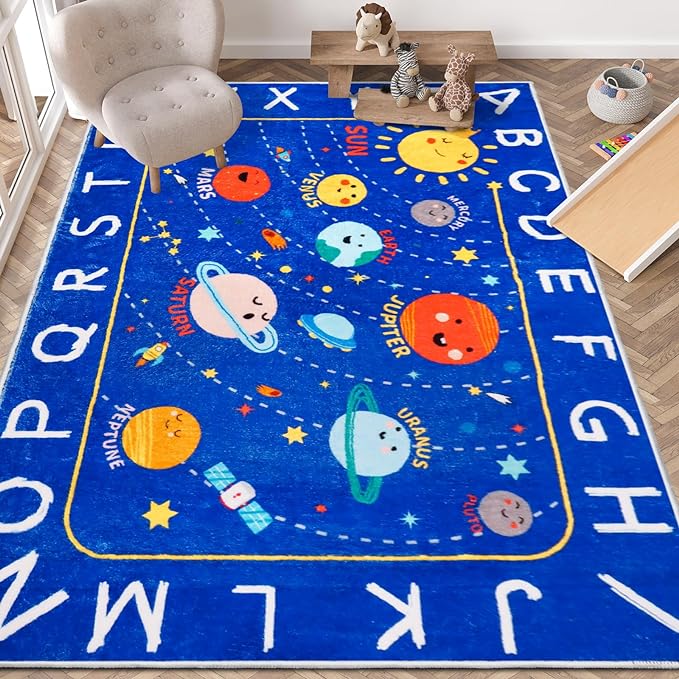 Outer Space Kids Rug,78.7"X59" ABC Alphabet Educational Kids Rugs for Playroom,Non Slip Solar System Galaxy Planets Playroom Rug,Washable Kids Area Rug Carpet for Classroom Bedroom Kids Room Decor - LeafyLoom