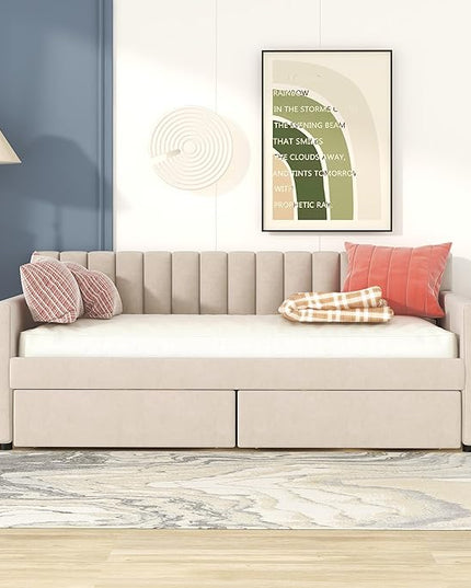 Velvet Upholstered Twin Daybed with Two Storage Drawers, Solid Wooden Sofa Bed Frame w/Vertical Stripes Designed Backrest and Pine Legs, Space-Saving Design, Beige - LeafyLoom