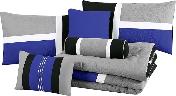 Chezmoi Collection Upland 7-Piece Quilted Patchwork Comforter Set, Blue/Black/Gray, Full - LeafyLoom