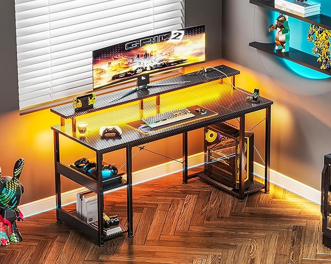 ODK 55 inch Computer Desk with Power Outlets & LED Lights, Gaming Desk with Monitor Stand & Storage Sheves, Home Office Desk, Carbon Fiber Black - LeafyLoom