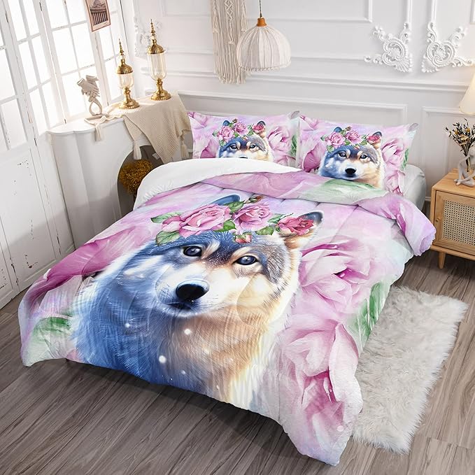Wolf Comforter Set Tie Dye Wolf Bedding Set for Kids Teens Room Decor Romantic Pink Rose Wild Animals Comforter with 2 Pillowcases - LeafyLoom