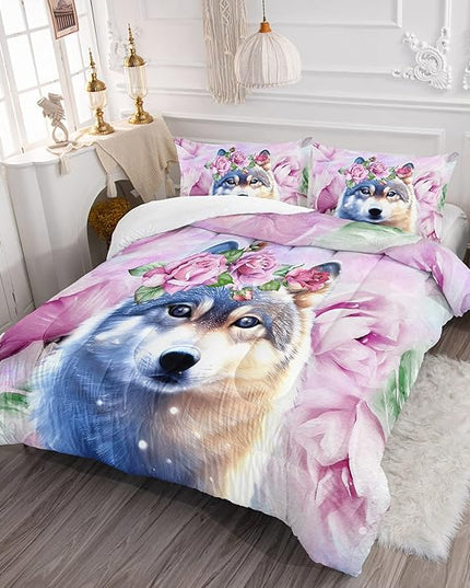Wolf Comforter Set Tie Dye Wolf Bedding Set for Kids Teens Room Decor Romantic Pink Rose Wild Animals Comforter with 2 Pillowcases - LeafyLoom
