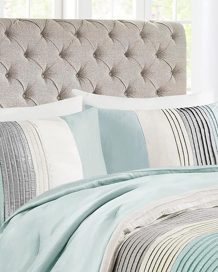 Madison Park Amherst Faux Silk Comforter Set-Casual Contemporary Design All Season Down Alternative Bedding, Matching Shams, Bedskirt, Decorative Pillows, King(104"x92"), Aqua, 7 Piece (MP10-2980) - LeafyLoom