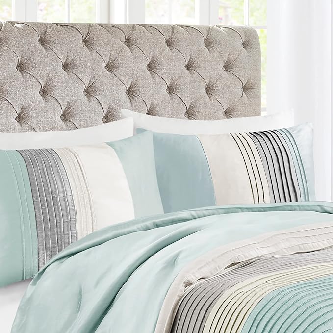 Madison Park Amherst Faux Silk Comforter Set-Casual Contemporary Design All Season Down Alternative Bedding, Matching Shams, Bedskirt, Decorative Pillows, King(104"x92"), Aqua, 7 Piece (MP10-2980) - LeafyLoom