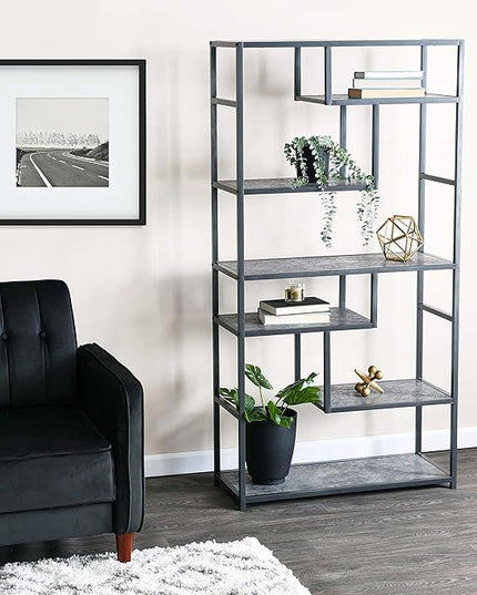 Household Essentials 8090-1 Tall Open Bookcase | Geometric Storage Shelves | Faux Slate Concrete - LeafyLoom