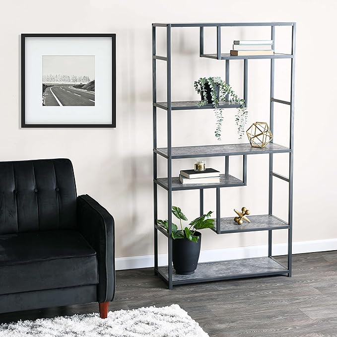 Household Essentials 8090-1 Tall Open Bookcase | Geometric Storage Shelves | Faux Slate Concrete - LeafyLoom
