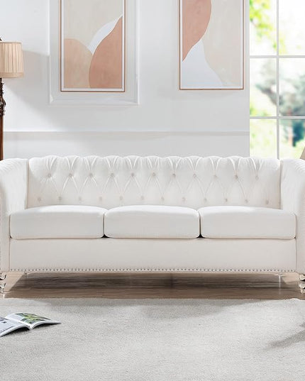 3-Seaters Living Room Clasic Chesterfield Sofa Couch Button Tufted PU Leather Upholstered Sofa&Couch with Luxury Roller Armrest Crystal Legs Movable Cushions & Nailhead Decor - LeafyLoom