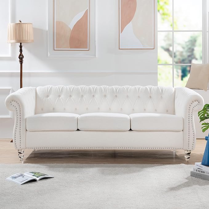 3-Seaters Living Room Clasic Chesterfield Sofa Couch Button Tufted PU Leather Upholstered Sofa&Couch with Luxury Roller Armrest Crystal Legs Movable Cushions & Nailhead Decor - LeafyLoom