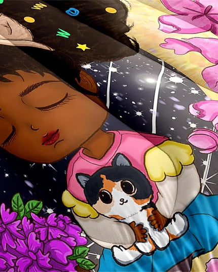 Black Girls Twin Comforter Set for Girls Teens Adults Twin Size Comforter Sets African Girl Comforter Set Cute Afro Princess Bedding Set Girls Bedroom Set, 1 Comforter + 1 Pillowcase - LeafyLoom