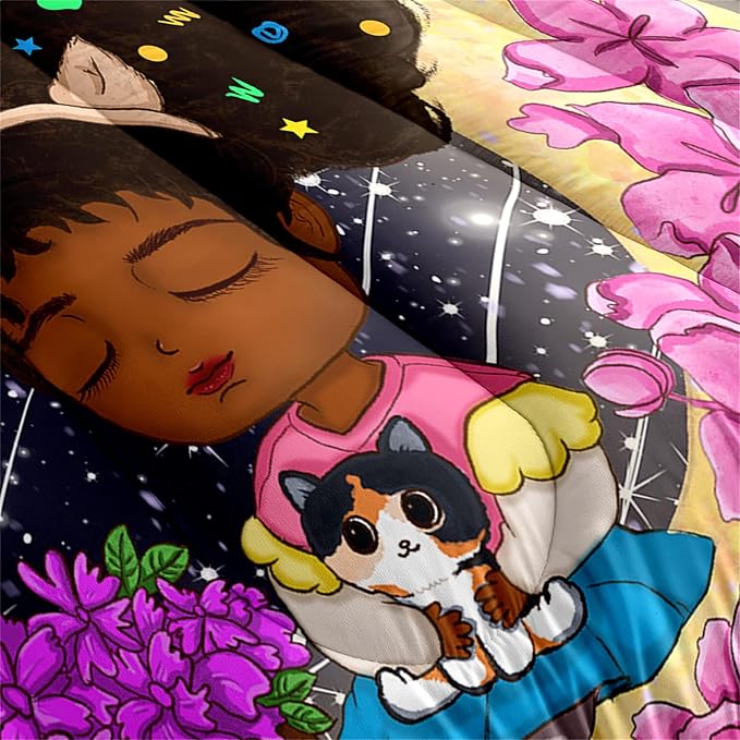 Black Girls Twin Comforter Set for Girls Teens Adults Twin Size Comforter Sets African Girl Comforter Set Cute Afro Princess Bedding Set Girls Bedroom Set, 1 Comforter + 1 Pillowcase - LeafyLoom