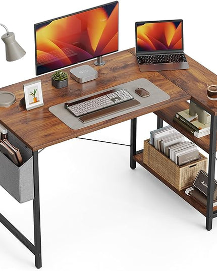 BANTI L Shaped Small Computer Desk with Storage Shelves, 47" Home Office Small Corner Desk Study Writing Table, Deep Brown - LeafyLoom