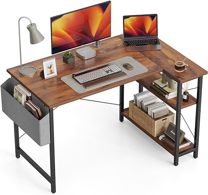 BANTI L Shaped Small Computer Desk with Storage Shelves, 47" Home Office Small Corner Desk Study Writing Table, Deep Brown - LeafyLoom