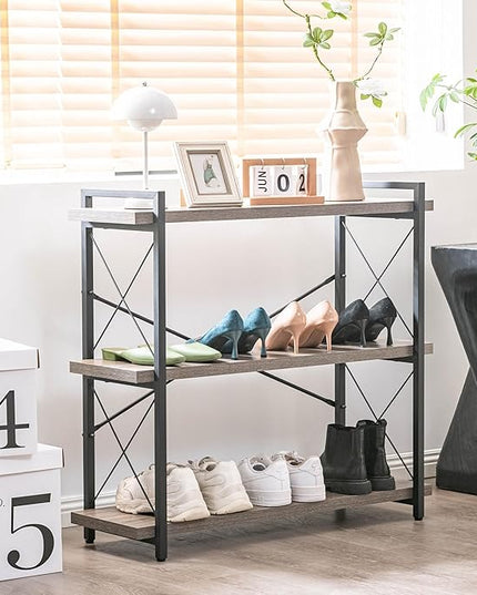 HCHQHS Bookshelf, 3-Tier Industrial Bookcase, Rustic Open Book Shelf, Freestanding Horizontal Bookshelves with Metal Frame - LeafyLoom