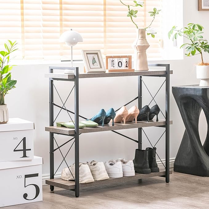 HCHQHS Bookshelf, 3-Tier Industrial Bookcase, Rustic Open Book Shelf, Freestanding Horizontal Bookshelves with Metal Frame - LeafyLoom