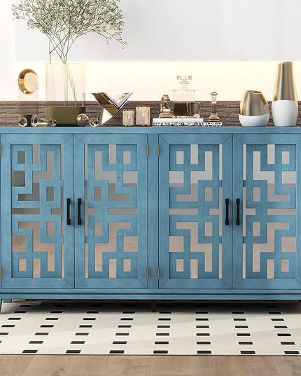 60" Retro Mirrored Buffet Sideboard with Metal Pulls,Accent Farmhouse-Style Wooden Storage Cabinet,W/ 4-Door,for Hallway,Entryway,Bedroom and Living Room,Navy - LeafyLoom