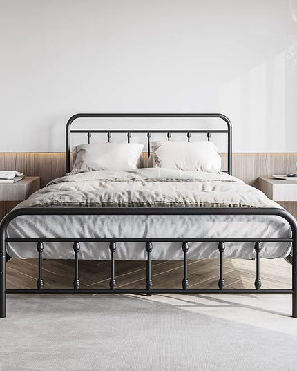 Vintage Queen Size Bed Frame with Headboard and Footboard Mattress Heavy Duty Metal Platform, Steel Slat Support (Queen, Black Sanded) - LeafyLoom