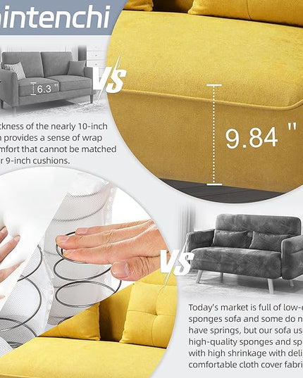 Shintenchi 47" Small Modern Loveseat Couch Sofa, Fabric Upholstered 2-Seat Sofa, Love Seat Furniture with 2 Pillows, Wood Leg for Small Space, Living Room, Bedroom, Apartment, Yellow - LeafyLoom