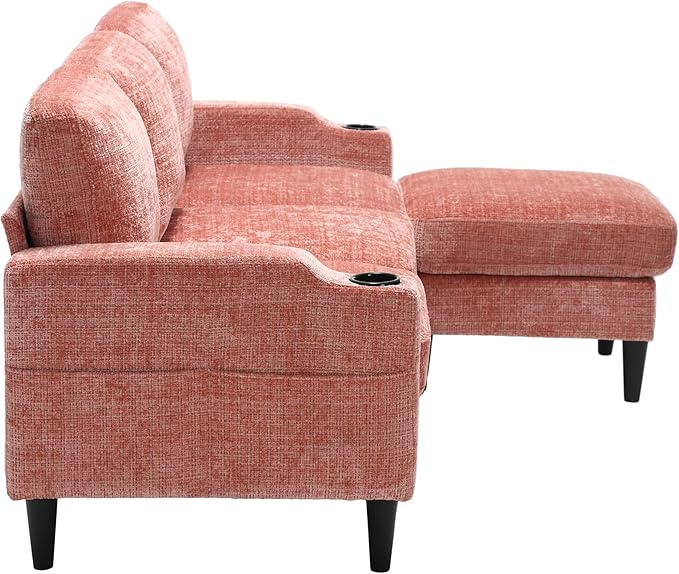 Convertible Sectional Sofa with Movable Storage Ottoman and Cupholders, 3 Seater L-Shaped Corner Couch,Chenille Upholstered Furniture w/Detachable Thicked Cushions for Living Room, Small Space - LeafyLoom